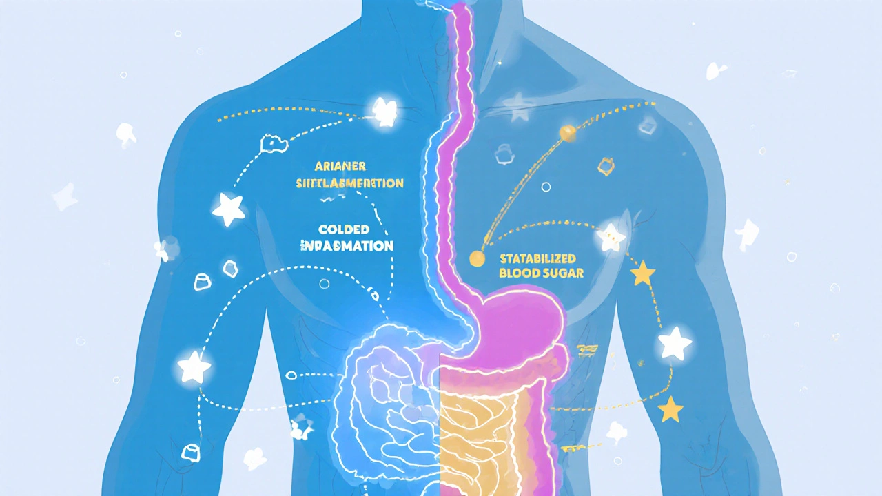 Isometric body diagram showing digestion, inflammation, and blood sugar benefits from white mustard