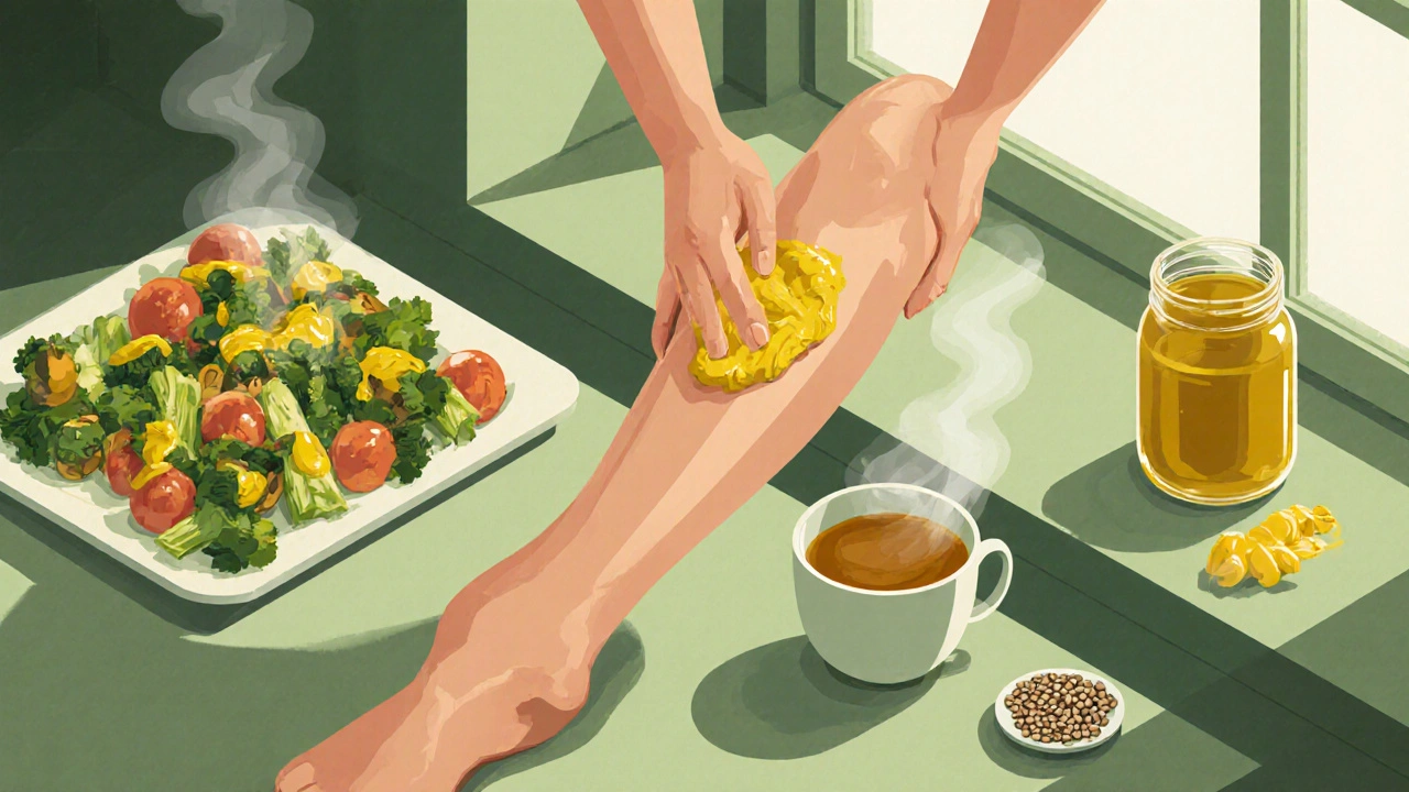 Person applying warm mustard paste compress to knee while healthy meals surround them