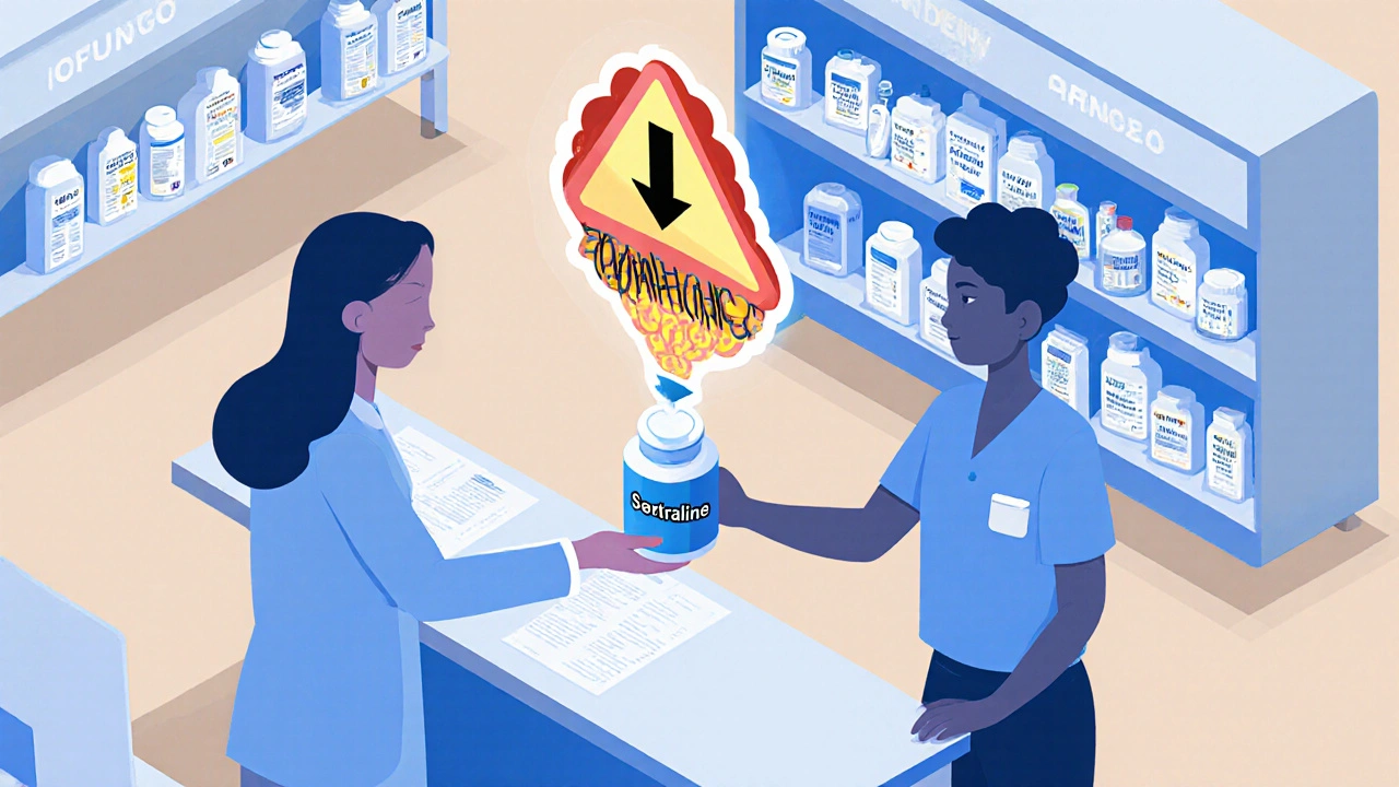 A pharmacist handing a patient a prescription bottle while a brain-shaped warning sign glows above them.
