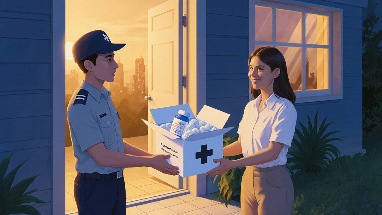 Courier delivering a discreet medicine box to a smiling person at home.