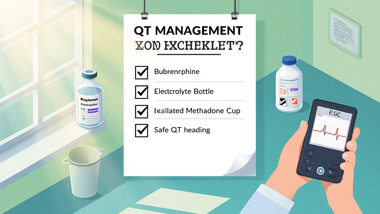 Decision hub with checklist icons for ECG monitoring, electrolytes, and buprenorphine switch.