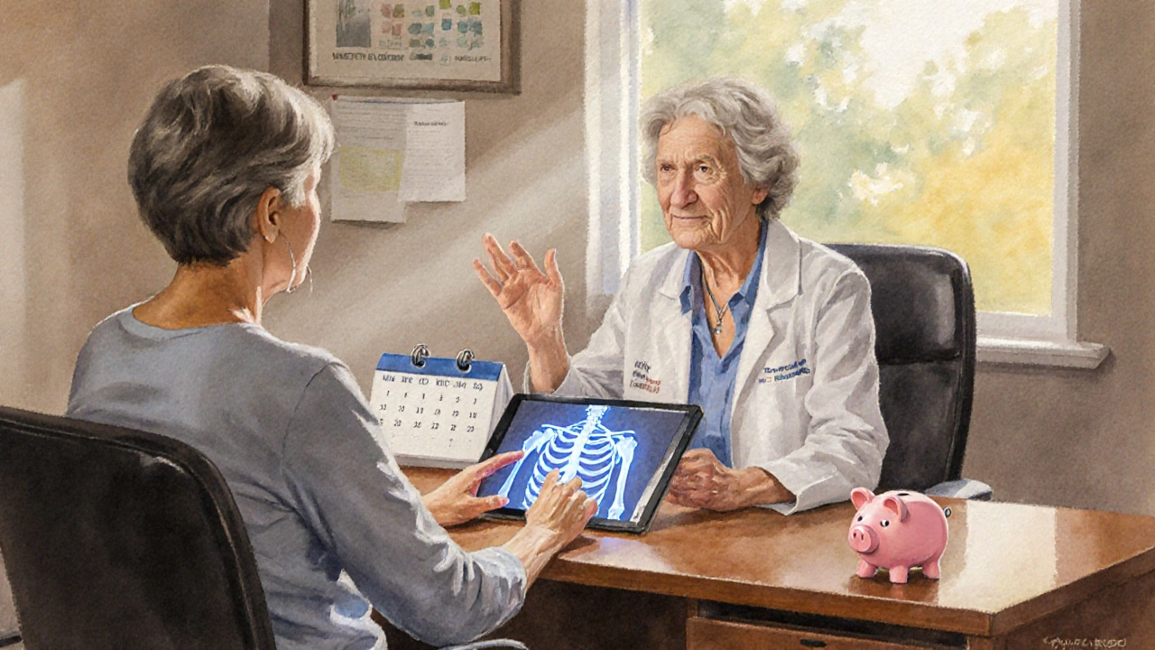 Doctor and patient discussing bone health while viewing a 3D skeletal model in a clinic.