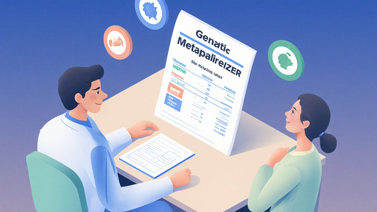 Doctor and patient reviewing genetic test results with floating side effect icons dissolving for one and intensifying for another.