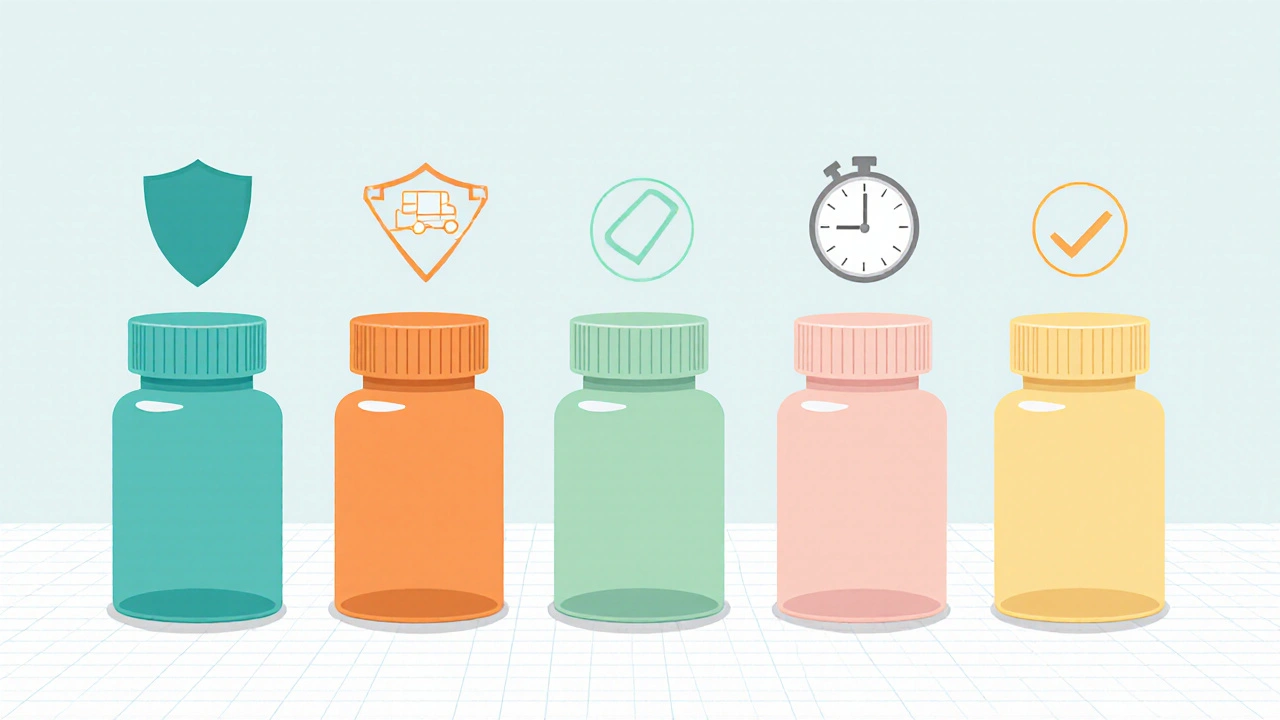 Five colored pill bottles with icons for safety, speed, and registration.