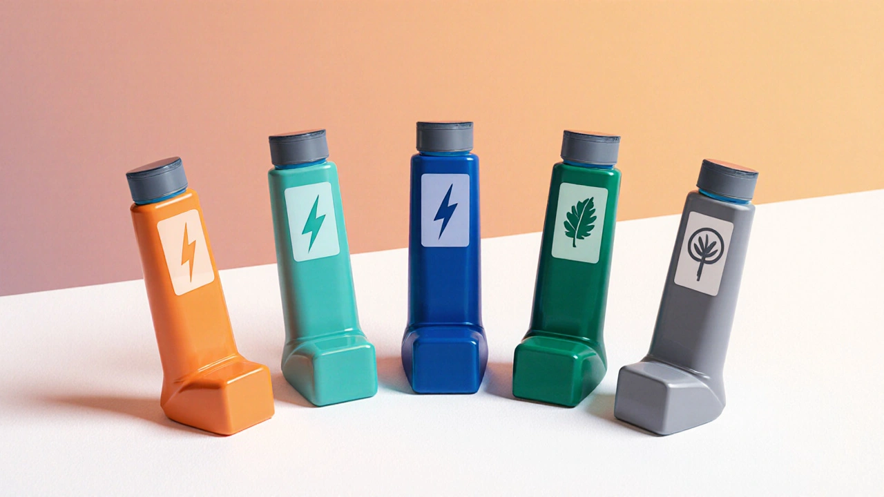 Five different inhalers displayed side by side on a white surface.