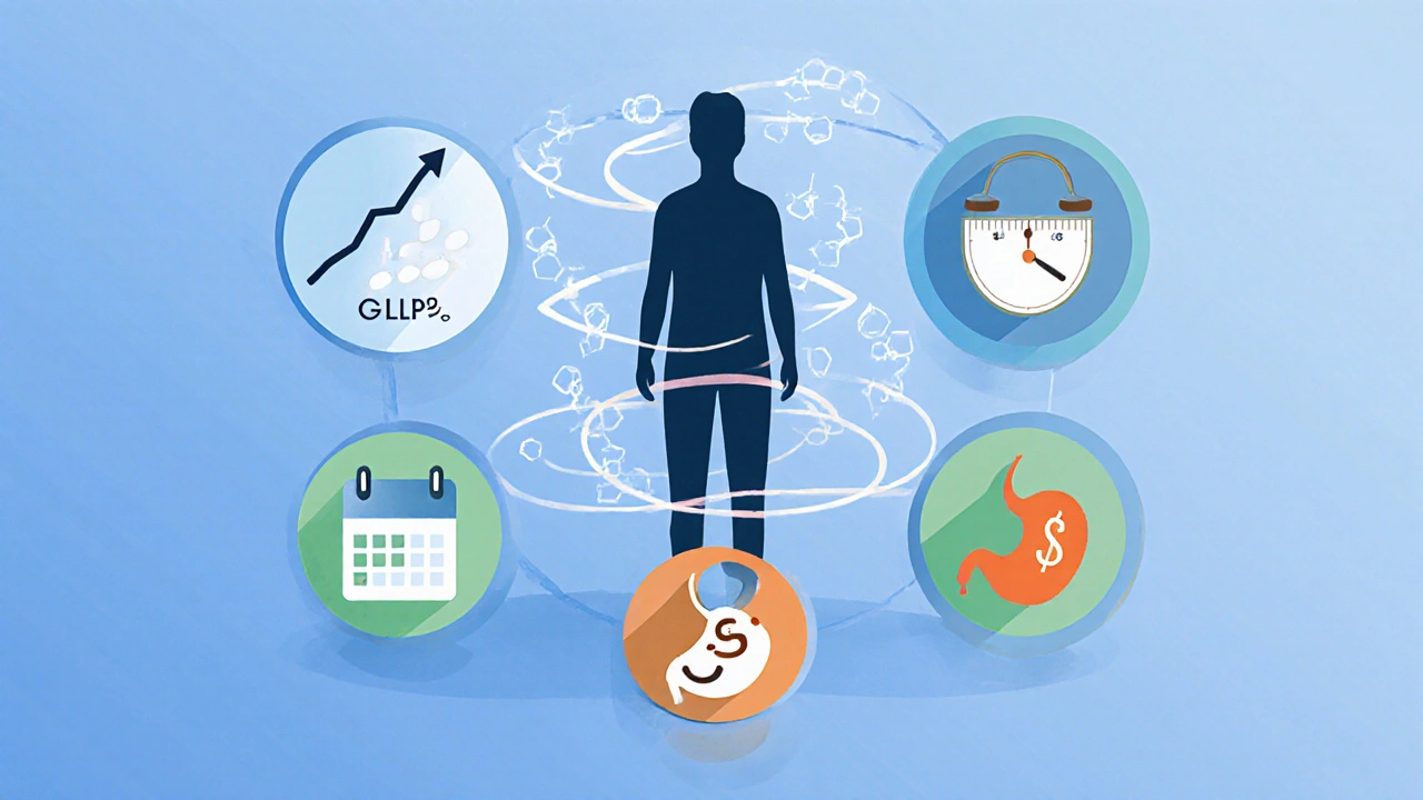 Flat‑design icons around a person silhouette showing efficacy, weight loss, frequency, side effects, and cost.