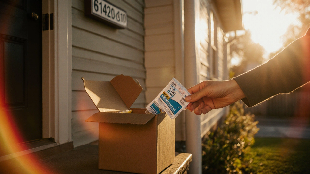 Hand opening a delivery box to reveal a blister pack of tablets on a doorstep.