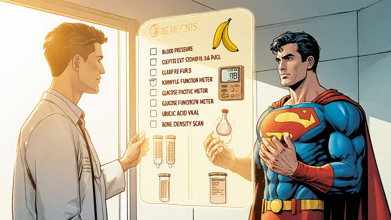 Hero and doctor review a holographic health checklist with diet symbols.
