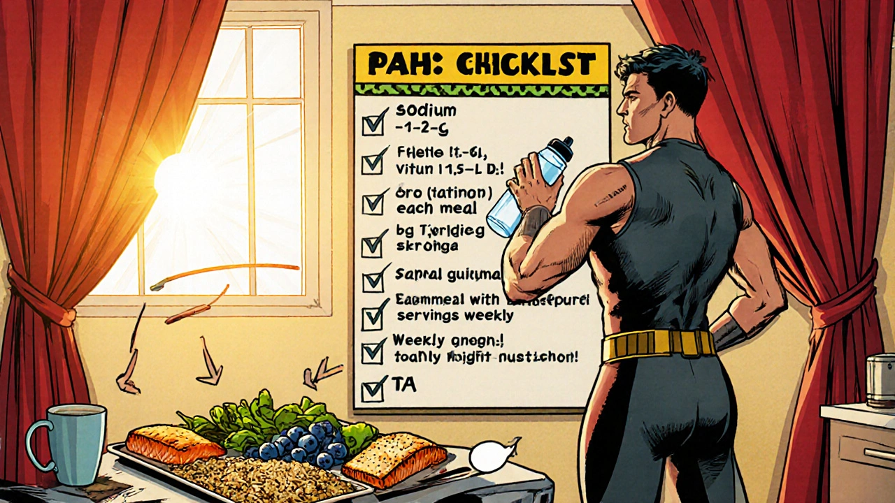 Hero checks a PAH nutrition checklist beside a prepared healthy meal.