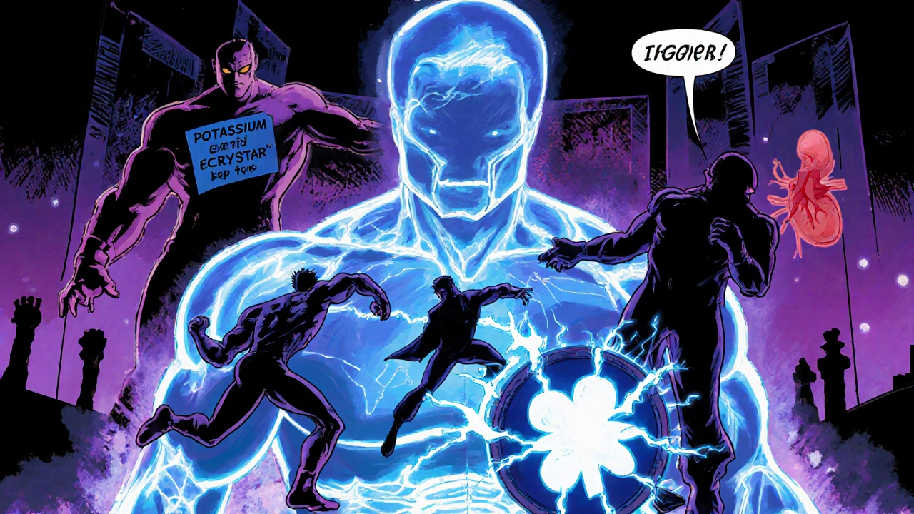 Hero fights potassium loss and uric acid monsters inside a glowing body outline.