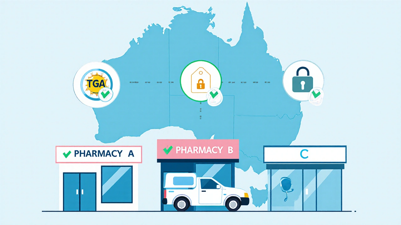 Illustrated checklist with TGA seal, price tag, lock, delivery truck, and support icons.