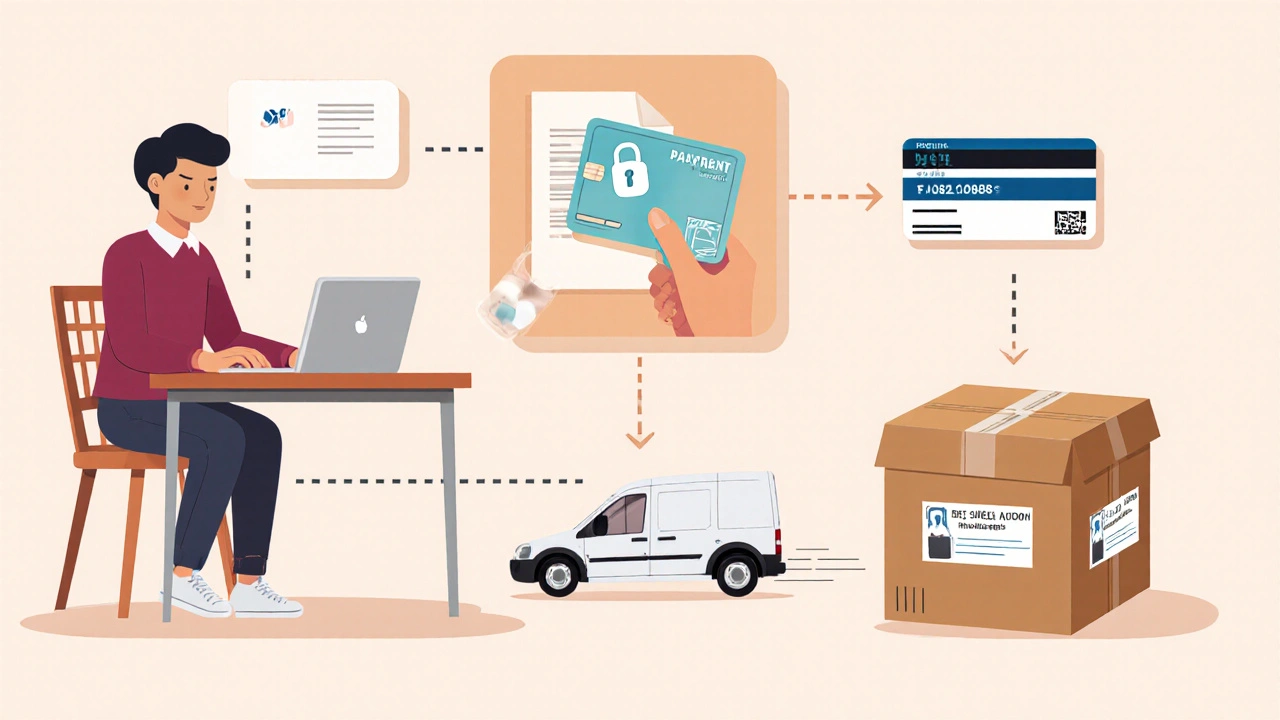 Illustrated flow of uploading prescription, paying, delivery van, and receiving package.