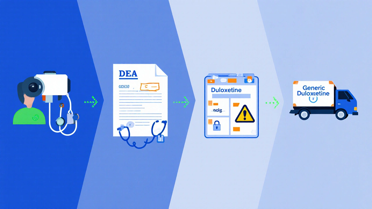 Illustrated workflow from telehealth consult to medication delivery.