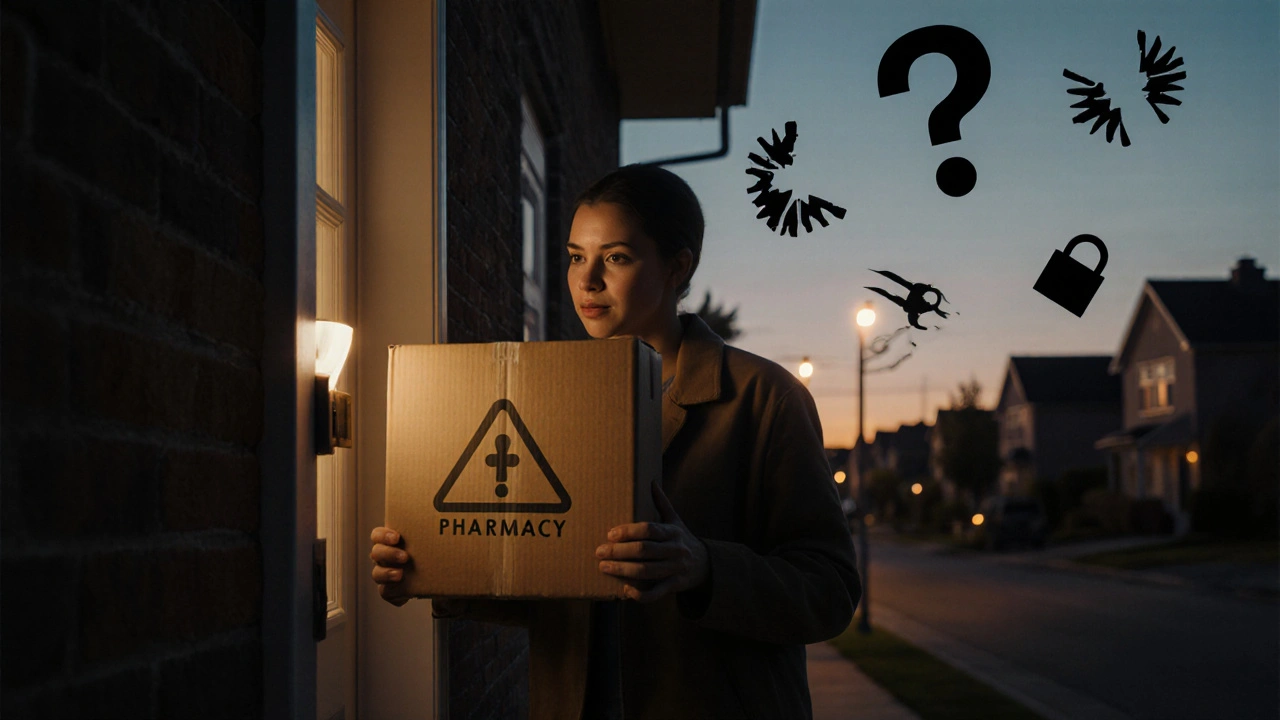 Individual receiving a securely packaged generic Cymbalta at doorstep.