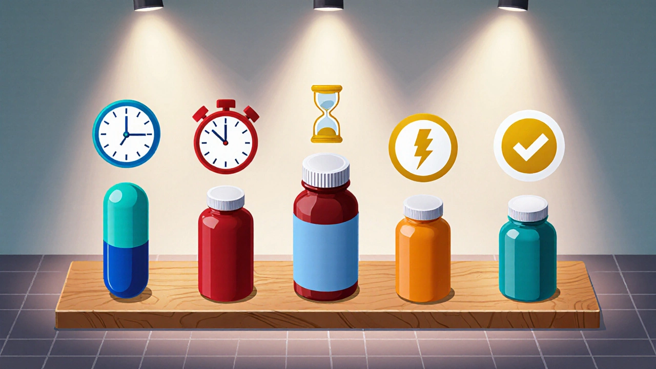 Isometric clinic display showing five different pill bottles with floating icons for onset, duration, side effects and approval.