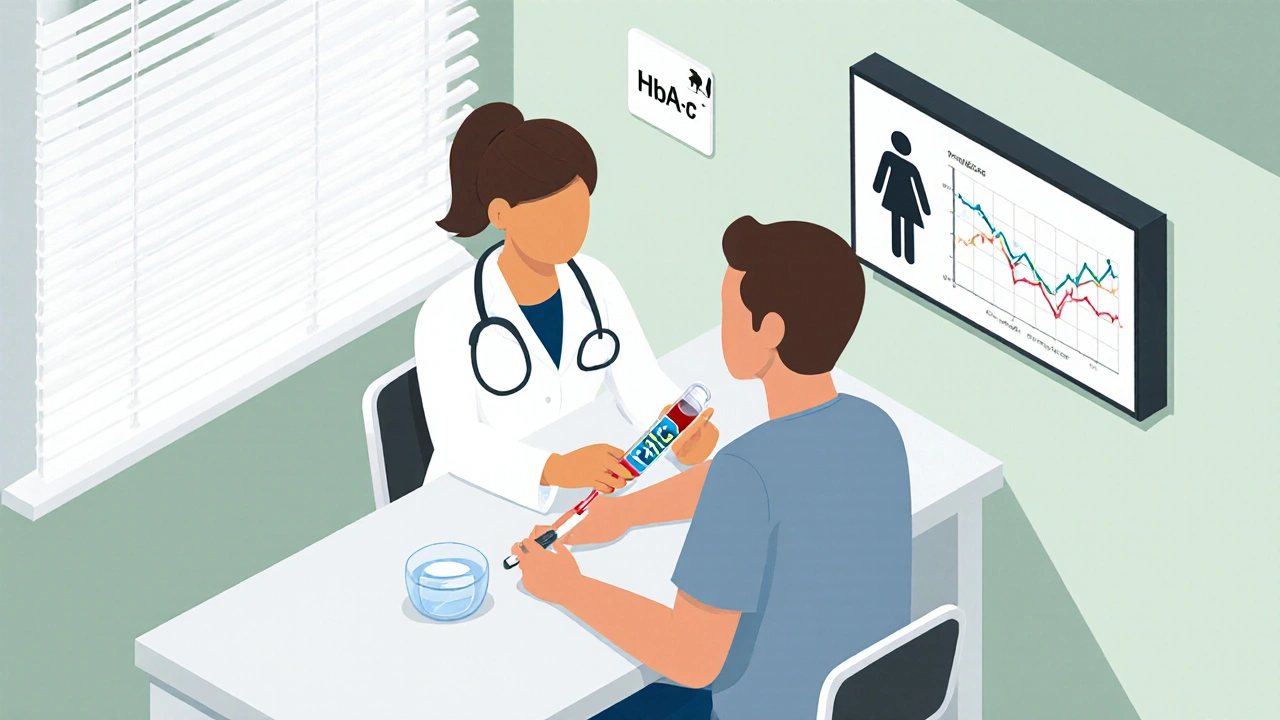 Isometric clinic scene with patient, water glass, blood test and HbA1c chart.
