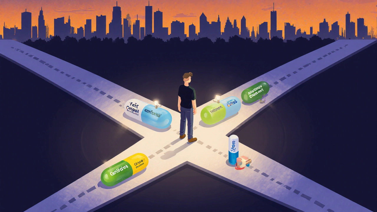 Isometric crossroads with a person choosing between pills for speed, duration, and price.