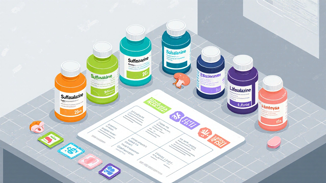 Isometric desk with six colored pill bottles, each accompanied by dosing, side‑effect, and cost icons.