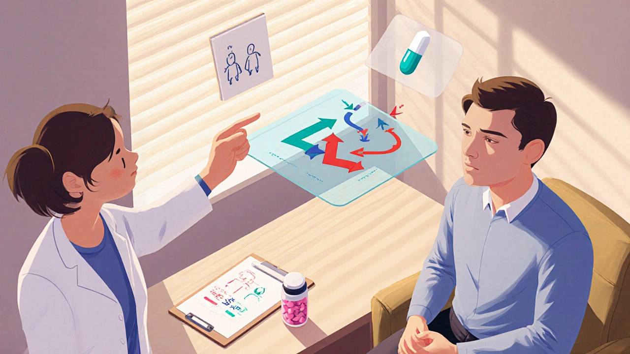 Isometric doctor's office with patient, physician, dual‑action pill, separate PE pill and visual cues for therapy techniques.