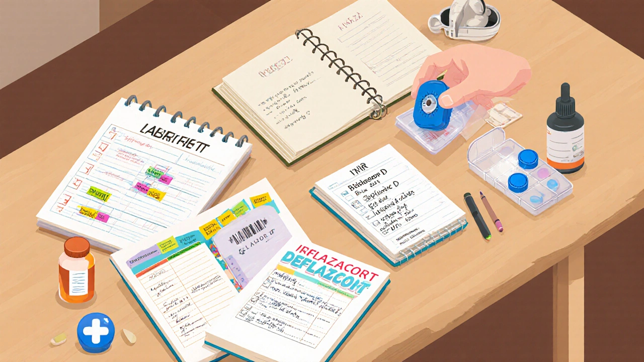 Isometric health dashboard with checklist, lab icons, and dosage adjustment for Deflazacort.