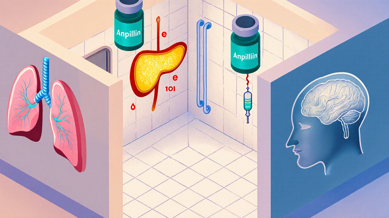Isometric hospital scene showing lungs, bladder, and brain with ampicillin treatment icons.