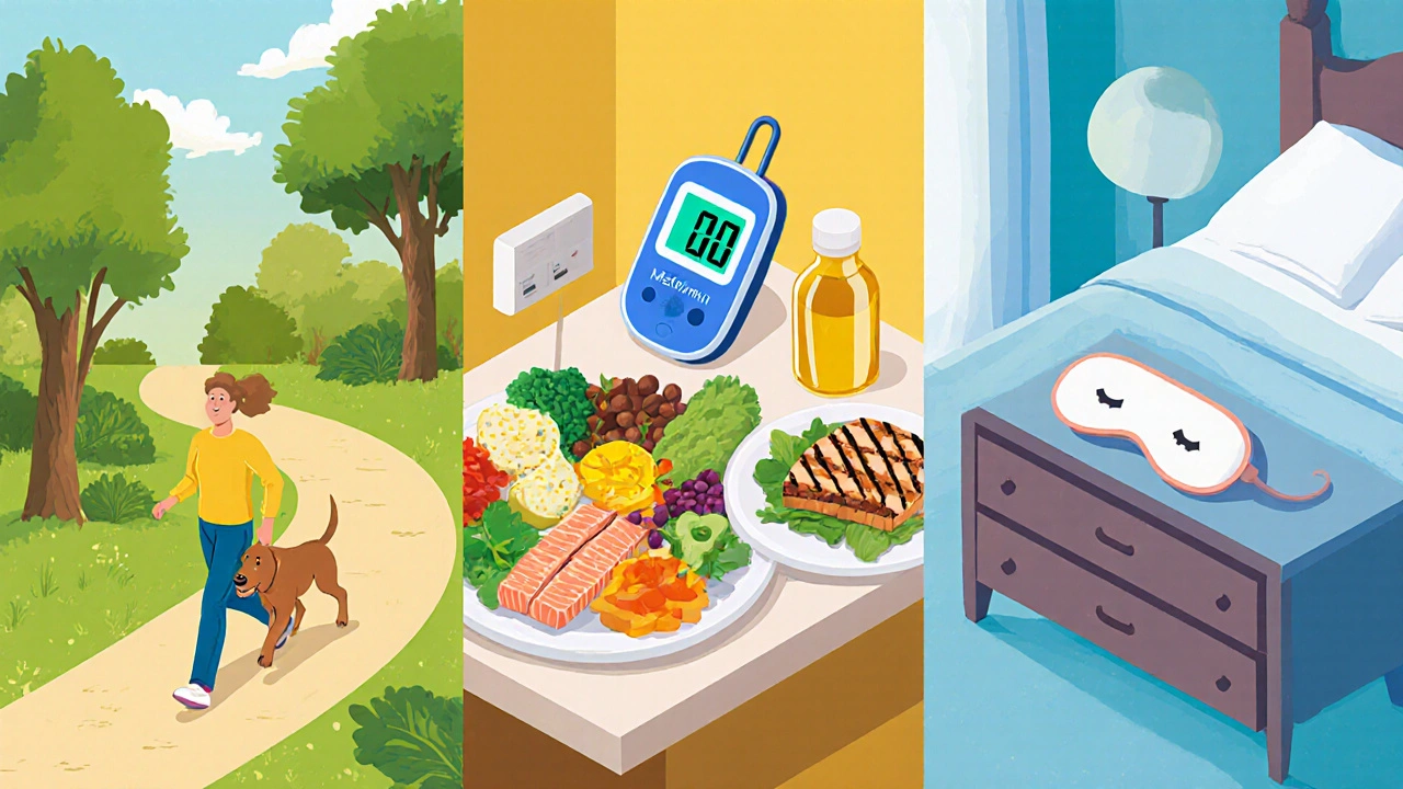 Isometric lifestyle scene with walking, Mediterranean meal, glucometer and medication.