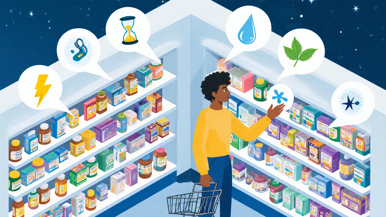 Isometric pharmacy aisle with a shopper weighing sleep aid options illustrated by floating decision icons.