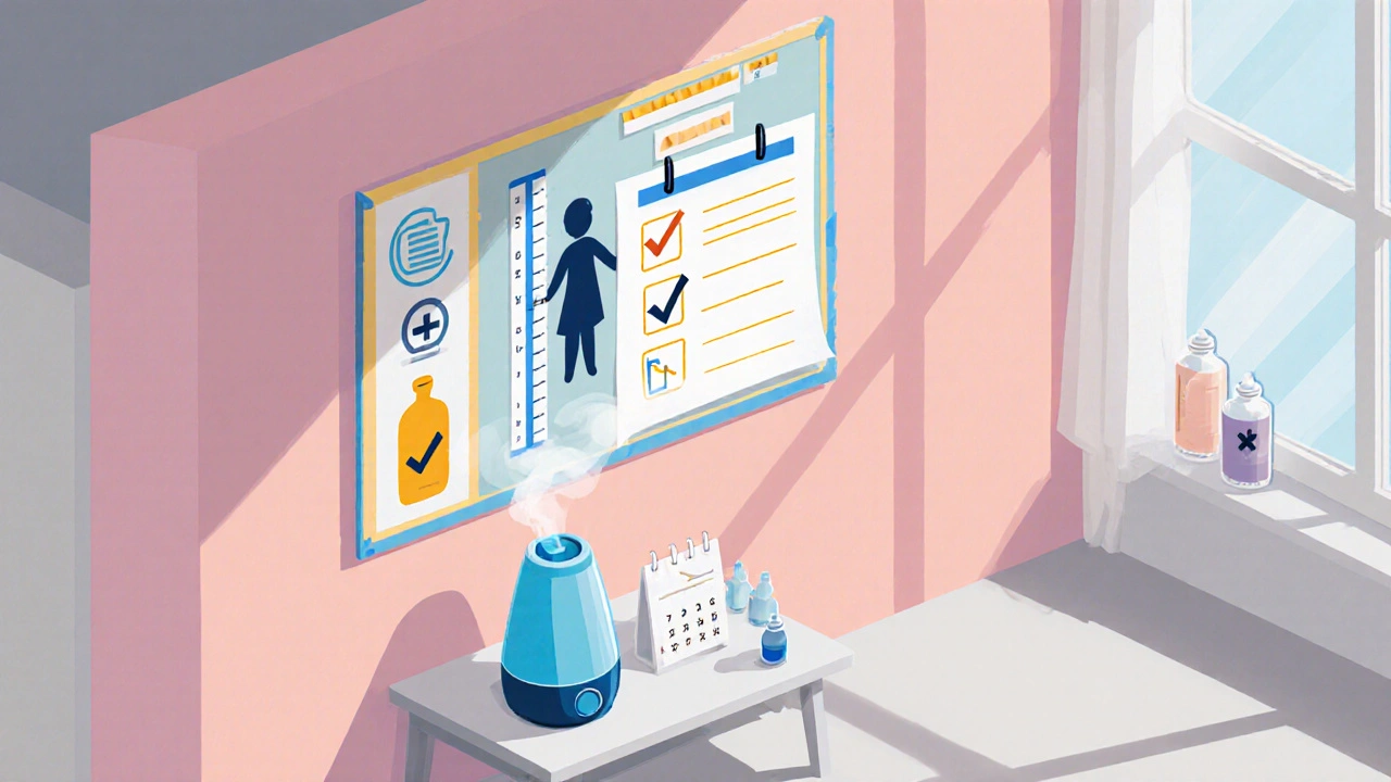 Isometric safety checklist wall with icons for dosage and growth monitoring.