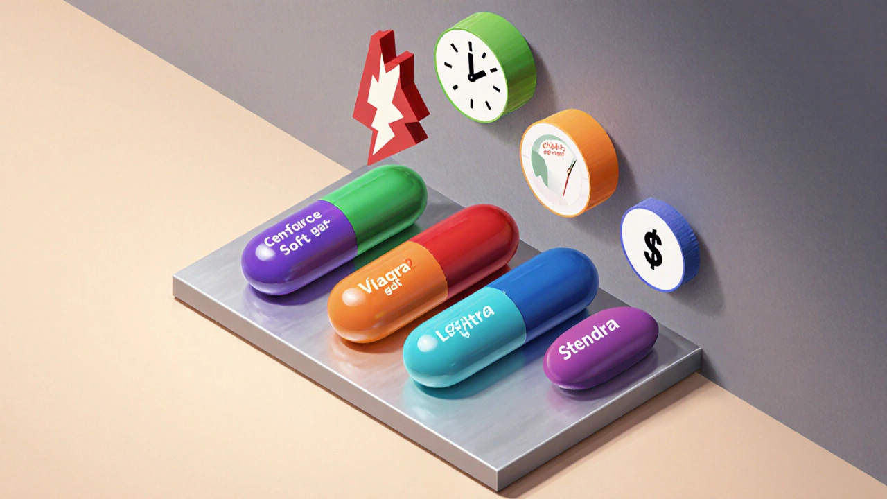 Isometric table displaying five different ED pills with icons for onset, duration, and cost.
