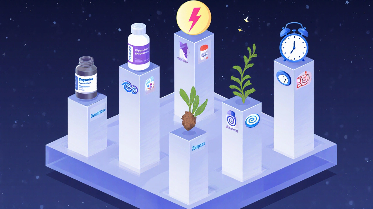 Isometric tableau showing seven sleep aid pillars with visual icons for onset, duration, and side effects.