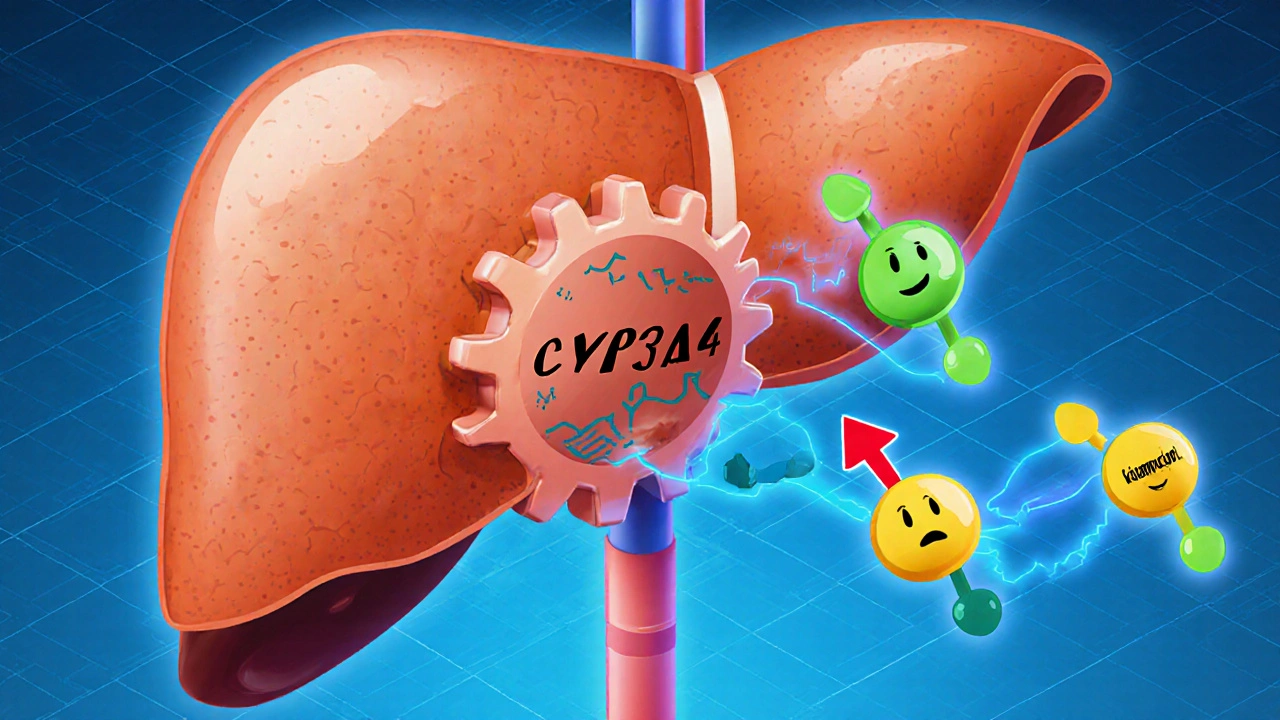 Isometric view of liver showing CYP3A4 enzyme interacting with drug molecules.