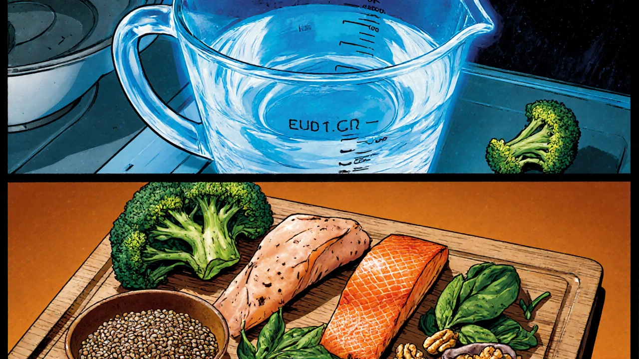 Kitchen comic panels show measured water, low‑sodium foods, and omega‑3 foods.