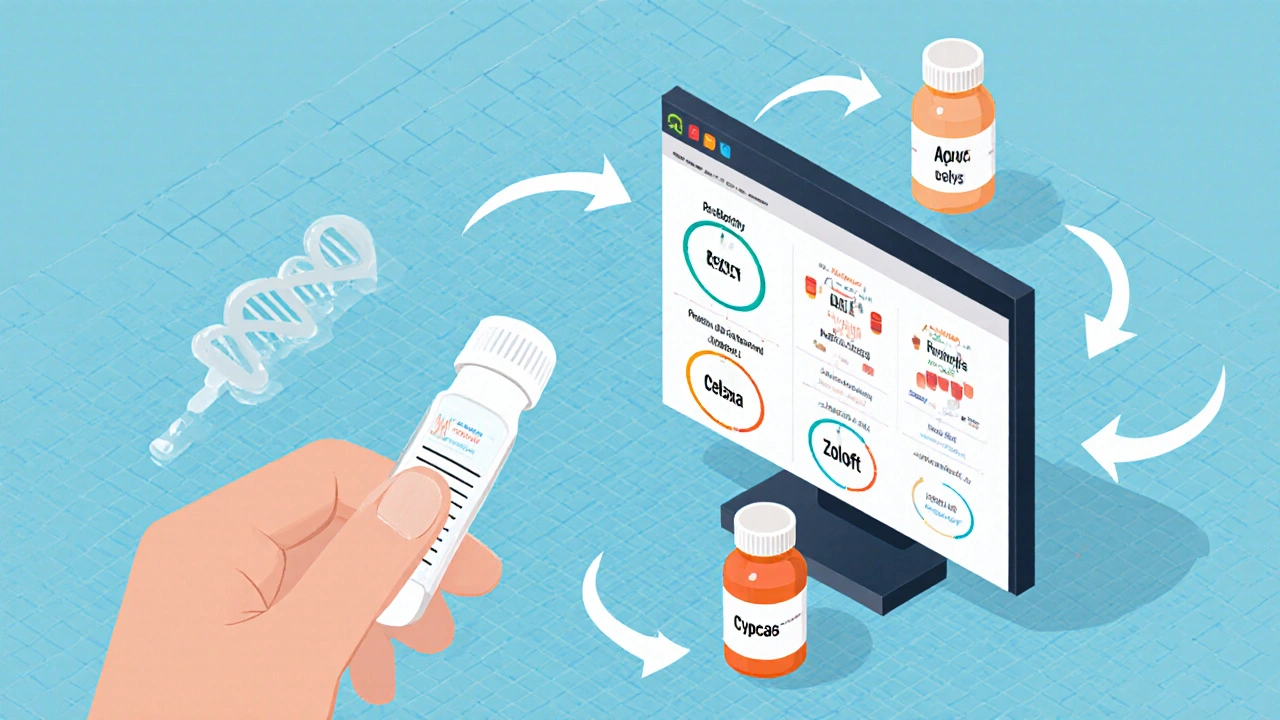 Molecular pathway from cheek swab to personalized SSRI dosage chart with drug bottles sized by metabolism type.