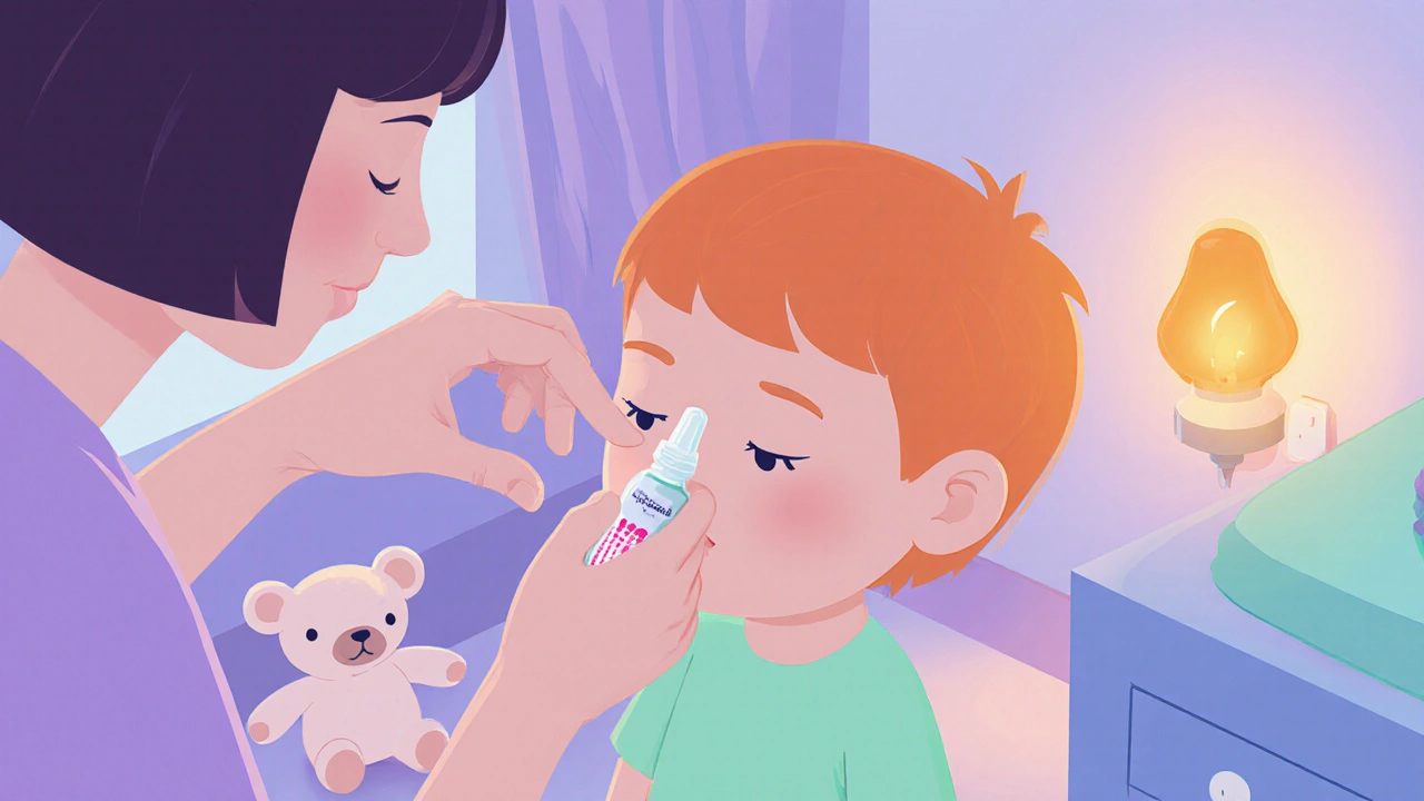 Parent demonstrating correct nasal spray technique on a child at home.