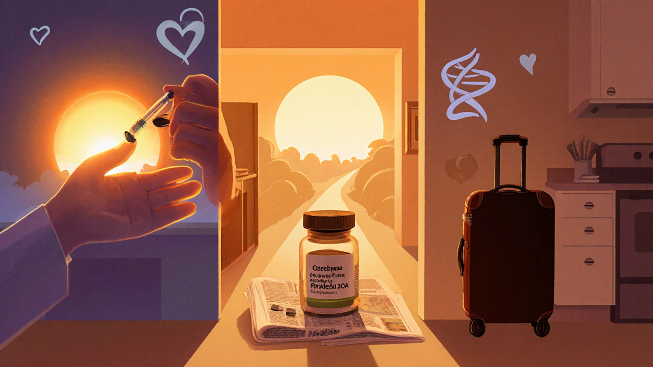 Patient choosing between daily injection, weekly injection, and oral tablet in a hopeful home setting.