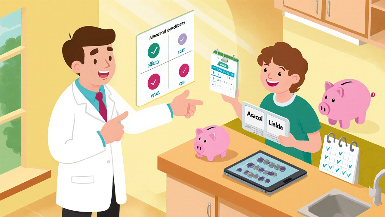 Patient in a kitchen reviewing medication options with a doctor chart, reminder alarm, and budget symbols.