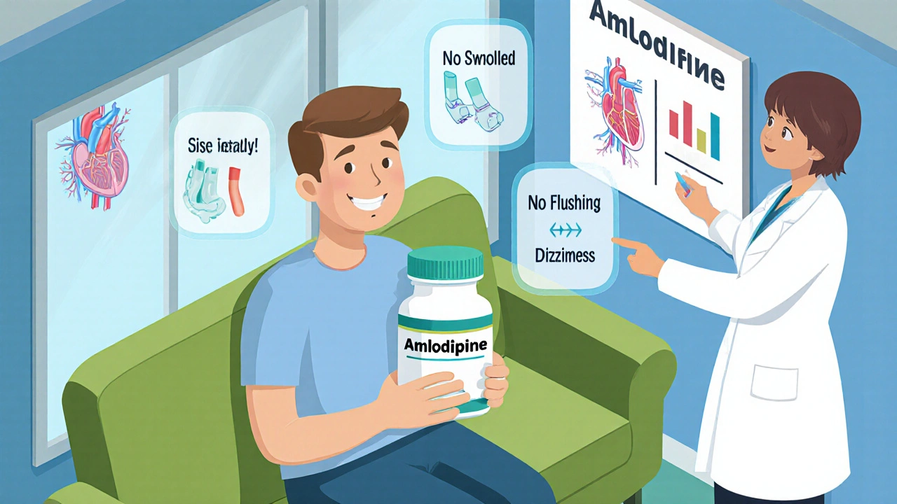 Patient smiling with amlodipine pill, side effects fading away in a cozy home setting.