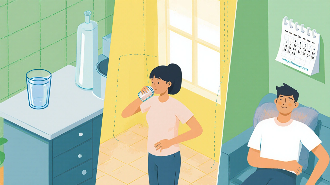 Person drinking water, stretching, and using a heating pad after massage.