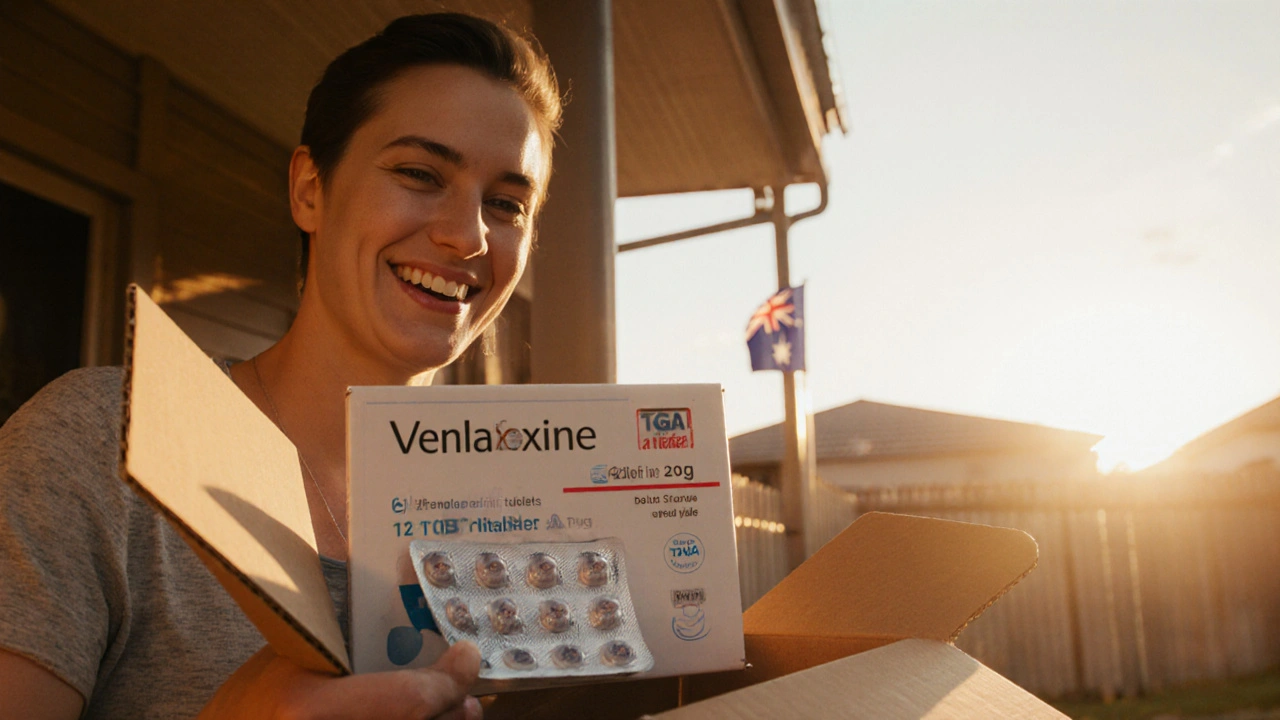 Person opens box on porch, revealing venlafaxine pack with TGA label in sunlight.