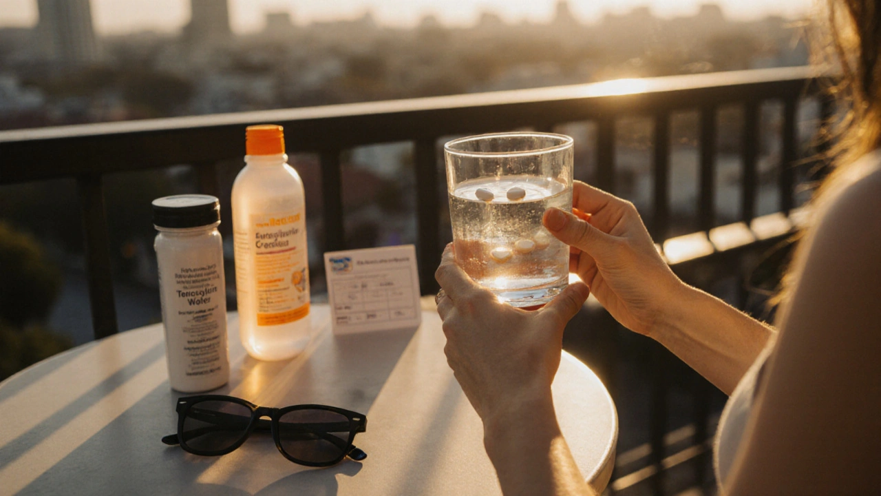 Person taking tetracycline tablets with water on a sunny balcony, sunscreen nearby.