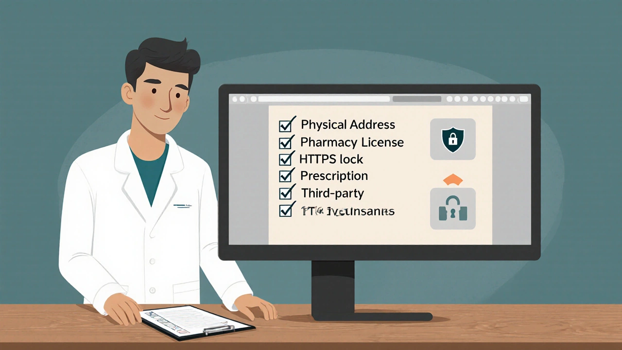 Pharmacist checking a verification checklist beside a computer shield icon.