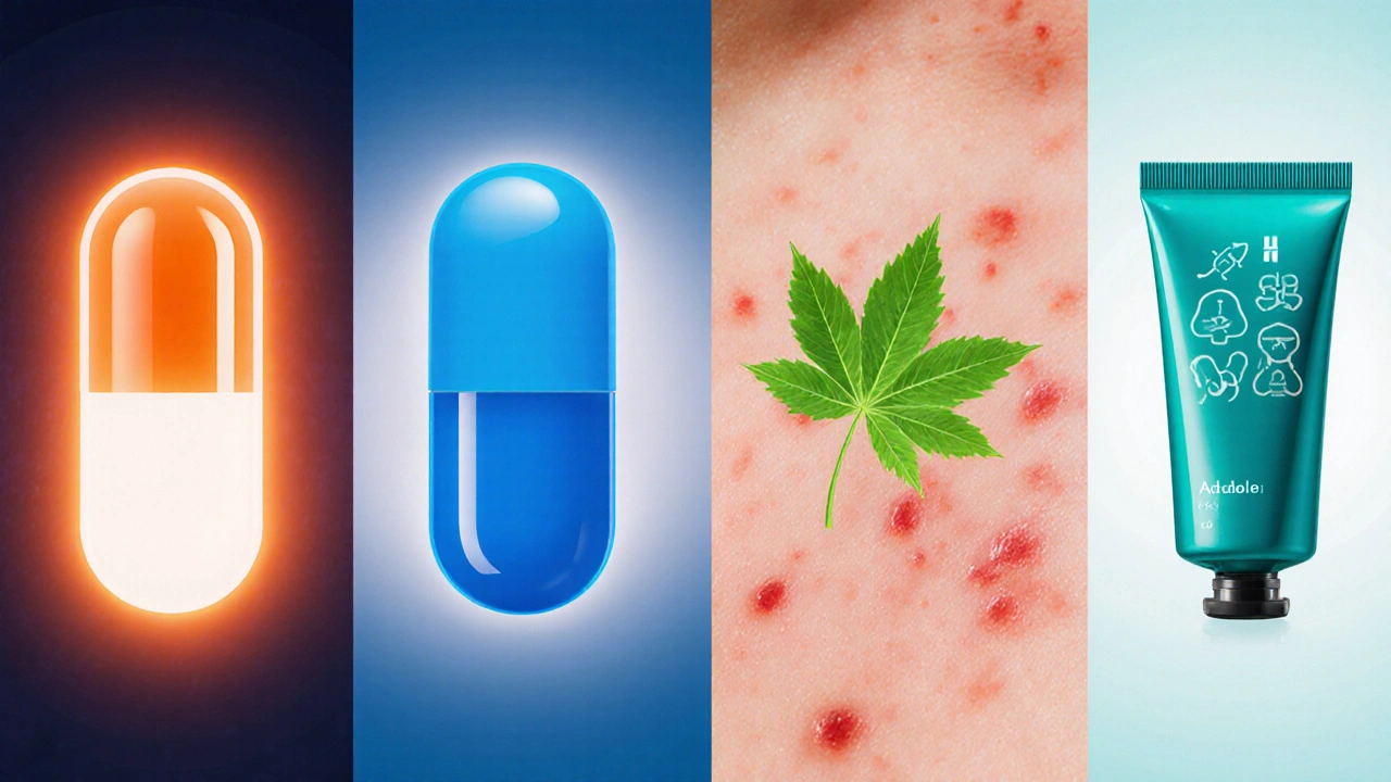 Split illustration showing Tretiva capsule, doxycycline tablet, spironolactone pill, and adapalene gel with skin effects.