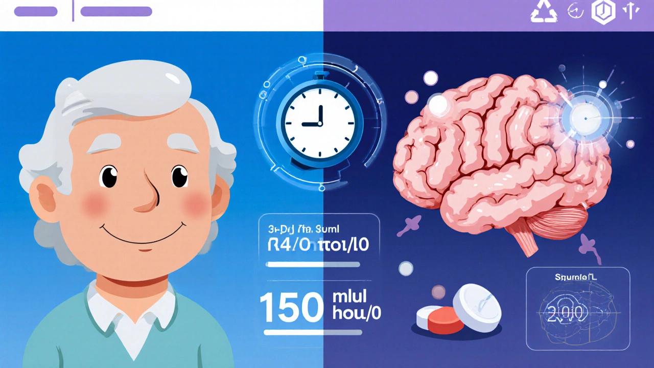 Split view of a healthy brain versus a damaged one with falling sodium levels and a ticking clock.
