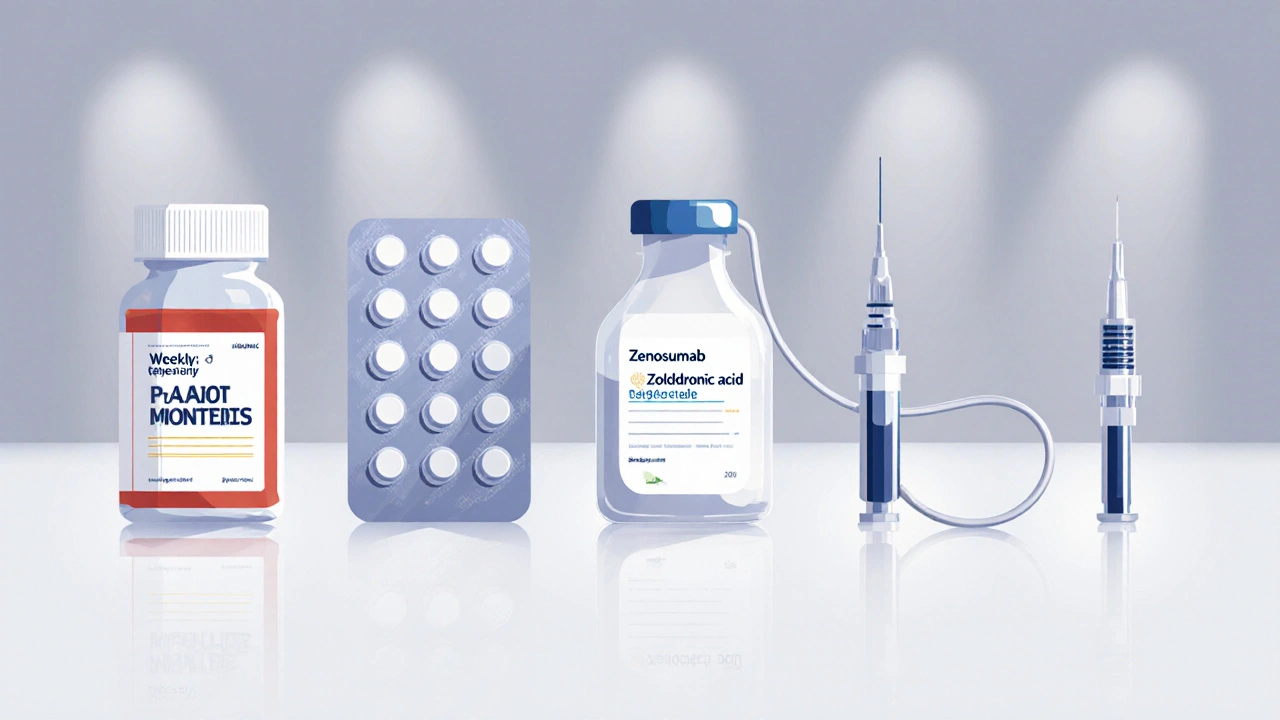 Various osteoporosis treatments displayed: pills, injection pen, IV bag, and tablet blister pack on a neutral background.