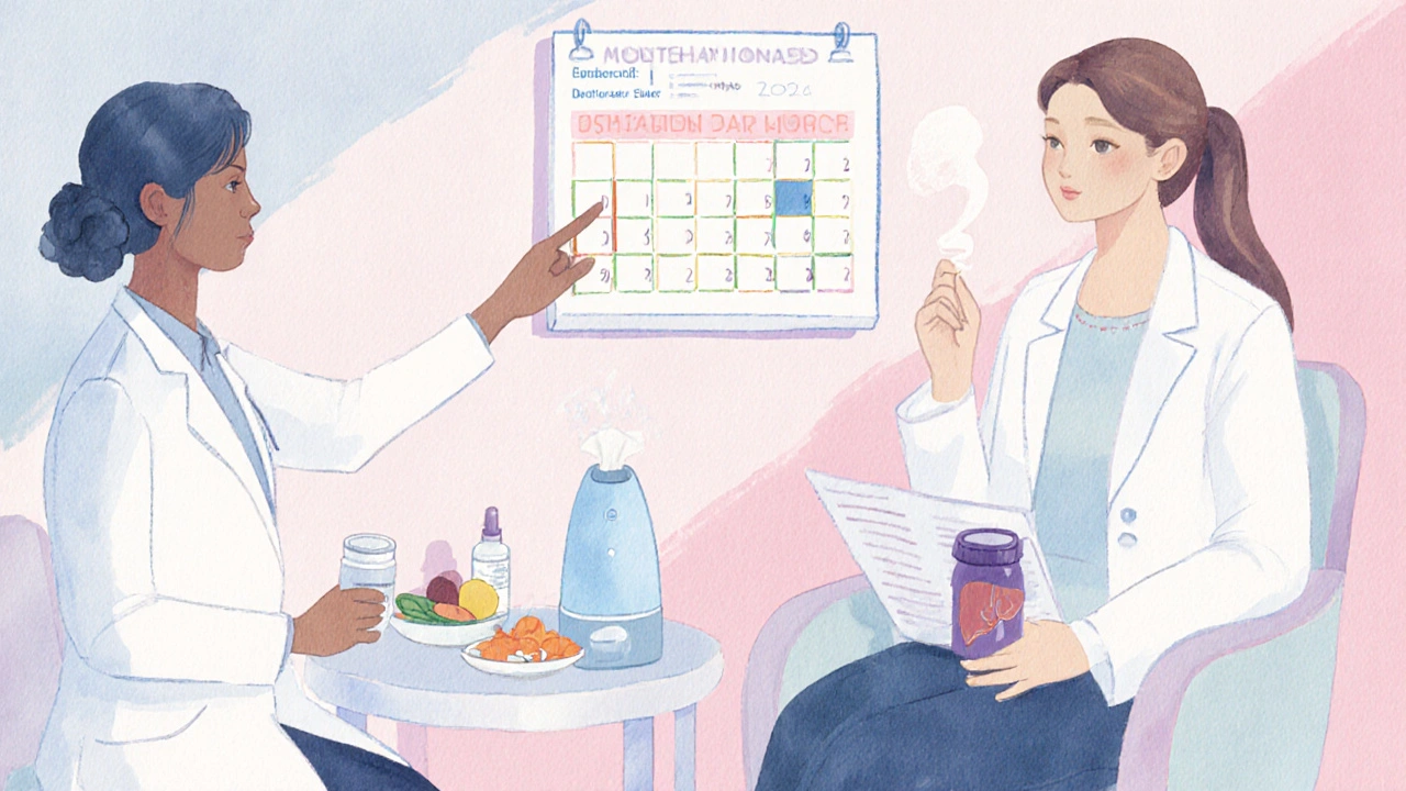 Watercolor scene of a dermatologist consulting a patient, showing moisturizers, calendar, and lab reports.