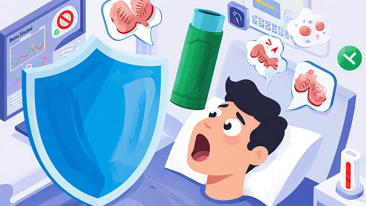 A patient struggling to breathe as a beta-blocker blocks an asthma medication from working.