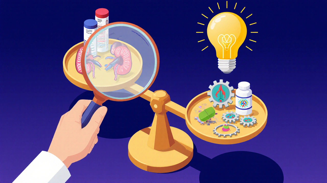A pharmacist comparing harmful and helpful drug combinations using a balanced scale.