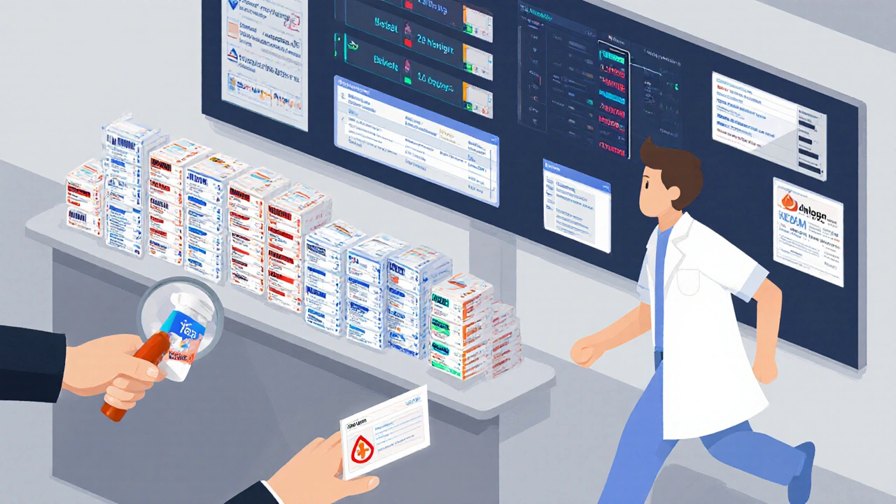 Busy pharmacy with a pharmacist overwhelmed by alerts and prescription labels, a patient reaching for a pill with a rash warning nearby.