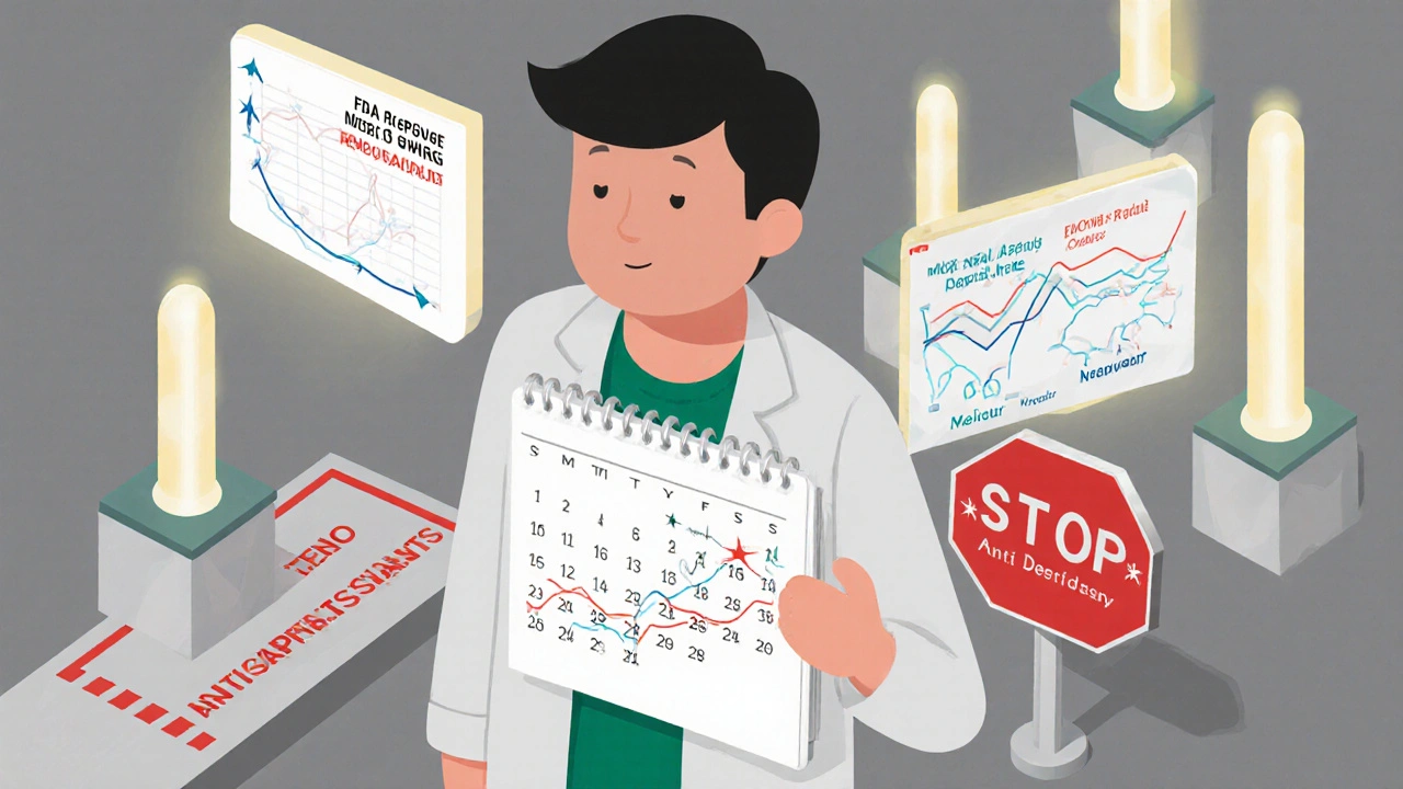 Calendar showing rapid cycling with graphs of worsening episodes, FDA meds as stable pillars, &#039;STOP&#039; sign blocking antidepressants.