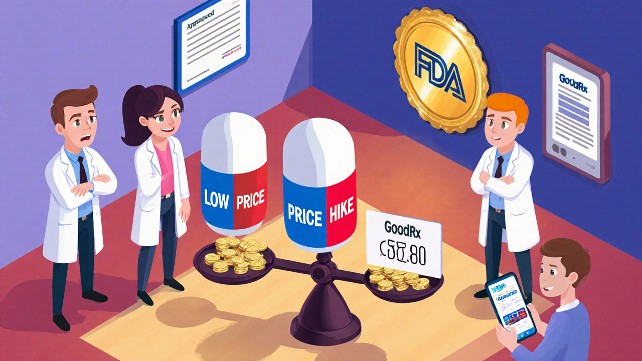 Cartoon isometric scene of generic drug makers competing over pricing with FDA oversight